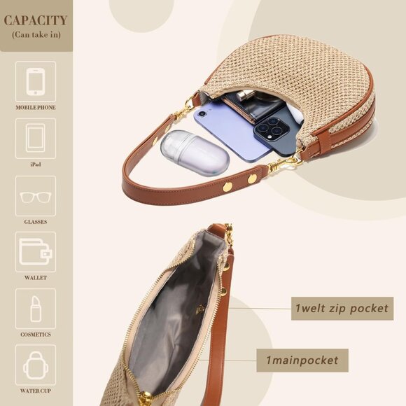 Woven Straw Crossbody Purse Summer Handbag with Removable Straps Women - Picture 4 of 6